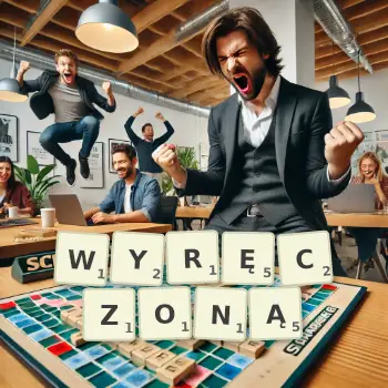 Kreatywna ilustracja do gry w Scrabble ze słowem WYRĘCZONĄ ułożonym z płytek na planszy.