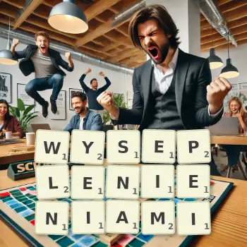 Kreatywna ilustracja do gry w Scrabble ze słowem WYSEPLENIENIAMI ułożonym z płytek na planszy.