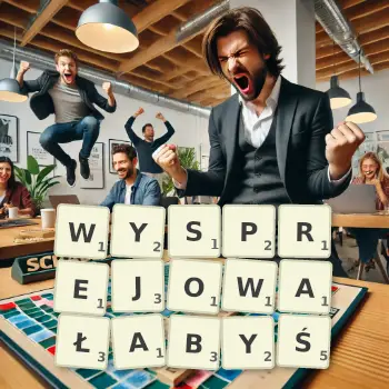 Kreatywna ilustracja do gry w Scrabble ze słowem WYSPREJOWAŁABYŚ ułożonym z płytek na planszy.