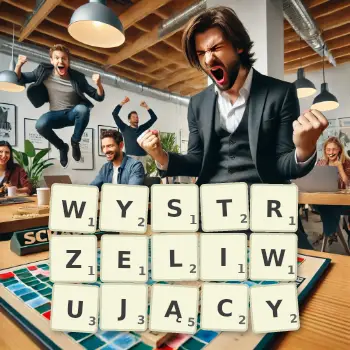 Kreatywna ilustracja do gry w Scrabble ze słowem WYSTRZELIWUJĄCY ułożonym z płytek na planszy.