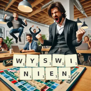 Kreatywna ilustracja do gry w Scrabble ze słowem WYSWINIEN ułożonym z płytek na planszy.