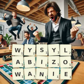 Kreatywna ilustracja do gry w Scrabble ze słowem WYSYLABIZOWANIE ułożonym z płytek na planszy.