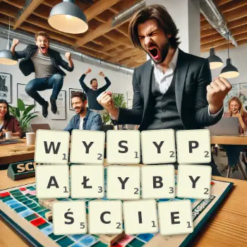 Kreatywna ilustracja do gry w Scrabble ze słowem WYSYPAŁYBYŚCIE ułożonym z płytek na planszy.
