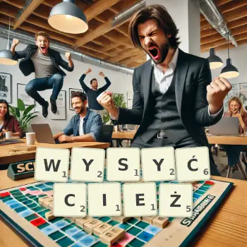 Kreatywna ilustracja do gry w Scrabble ze słowem WYSYĆCIEŻ ułożonym z płytek na planszy.