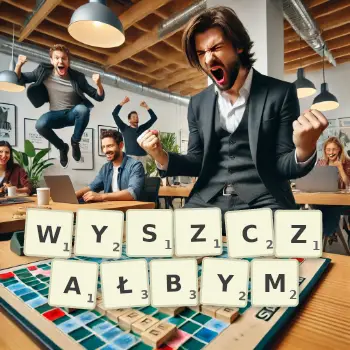 Kreatywna ilustracja do gry w Scrabble ze słowem WYSZCZAŁBYM ułożonym z płytek na planszy.
