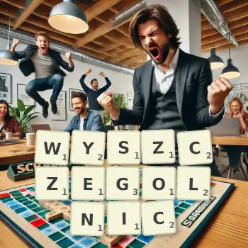 Kreatywna ilustracja do gry w Scrabble ze słowem WYSZCZEGOLNIC ułożonym z płytek na planszy.