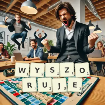 Kreatywna ilustracja do gry w Scrabble ze słowem WYSZORUJE ułożonym z płytek na planszy.