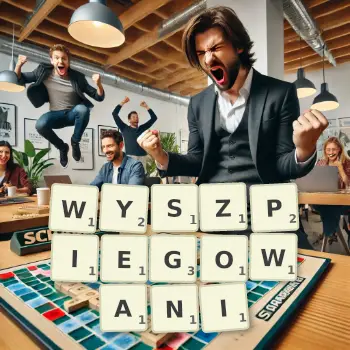 Kreatywna ilustracja do gry w Scrabble ze słowem WYSZPIEGOWANI ułożonym z płytek na planszy.