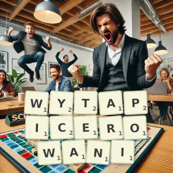 Kreatywna ilustracja do gry w Scrabble ze słowem WYTAPICEROWANI ułożonym z płytek na planszy.