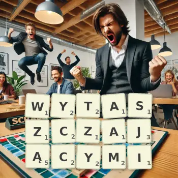 Kreatywna ilustracja do gry w Scrabble ze słowem WYTASZCZAJĄCYMI ułożonym z płytek na planszy.