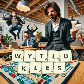 Kreatywna ilustracja do gry w Scrabble ze słowem WYTLUKLES ułożonym z płytek na planszy.