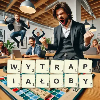 Kreatywna ilustracja do gry w Scrabble ze słowem WYTRAPIAŁOBY ułożonym z płytek na planszy.
