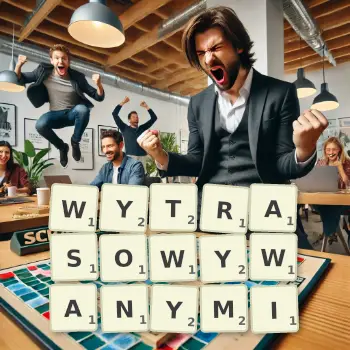 Kreatywna ilustracja do gry w Scrabble ze słowem WYTRASOWYWANYMI ułożonym z płytek na planszy.