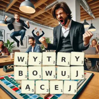 Kreatywna ilustracja do gry w Scrabble ze słowem WYTRYBOWUJĄCEJ ułożonym z płytek na planszy.