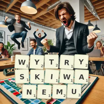 Kreatywna ilustracja do gry w Scrabble ze słowem WYTRYSKIWANEMU ułożonym z płytek na planszy.