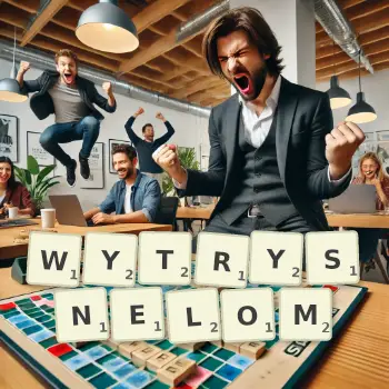 Kreatywna ilustracja do gry w Scrabble ze słowem WYTRYSNELOM ułożonym z płytek na planszy.