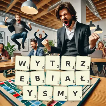 Kreatywna ilustracja do gry w Scrabble ze słowem WYTRZEBIAŁYŚMY ułożonym z płytek na planszy.