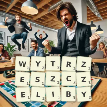 Kreatywna ilustracja do gry w Scrabble ze słowem WYTRZESZCZELIBY ułożonym z płytek na planszy.