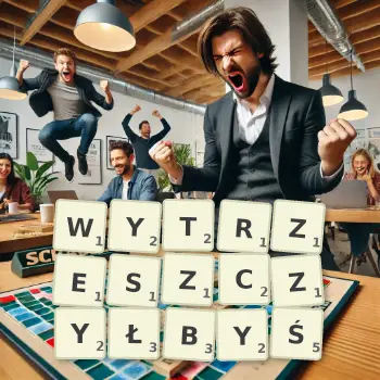 Kreatywna ilustracja do gry w Scrabble ze słowem WYTRZESZCZYŁBYŚ ułożonym z płytek na planszy.