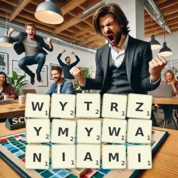 Kreatywna ilustracja do gry w Scrabble ze słowem WYTRZYMYWANIAMI ułożonym z płytek na planszy.