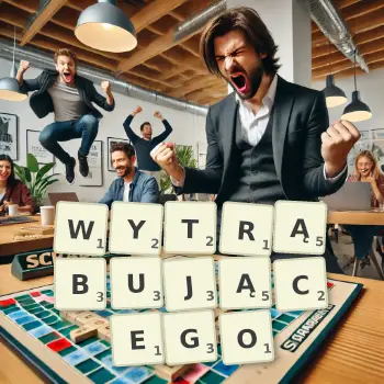 Kreatywna ilustracja do gry w Scrabble ze słowem WYTRĄBUJĄCEGO ułożonym z płytek na planszy.