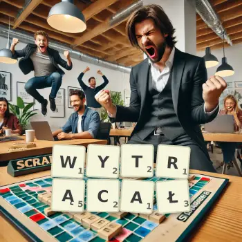 Kreatywna ilustracja do gry w Scrabble ze słowem WYTRĄCAŁ ułożonym z płytek na planszy.