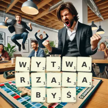 Kreatywna ilustracja do gry w Scrabble ze słowem WYTWARZAŁABYŚ ułożonym z płytek na planszy.