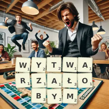 Kreatywna ilustracja do gry w Scrabble ze słowem WYTWARZAŁOBYM ułożonym z płytek na planszy.