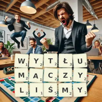Kreatywna ilustracja do gry w Scrabble ze słowem WYTŁUMACZYLIŚMY ułożonym z płytek na planszy.