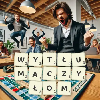 Kreatywna ilustracja do gry w Scrabble ze słowem WYTŁUMACZYŁOM ułożonym z płytek na planszy.