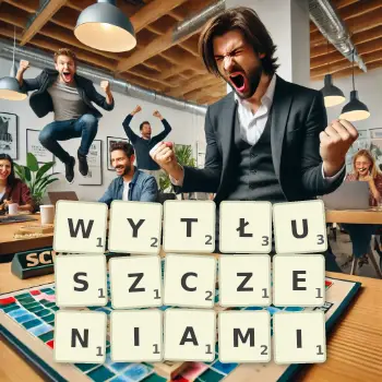 Kreatywna ilustracja do gry w Scrabble ze słowem WYTŁUSZCZENIAMI ułożonym z płytek na planszy.