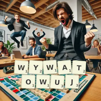 Kreatywna ilustracja do gry w Scrabble ze słowem WYWATOWUJ ułożonym z płytek na planszy.
