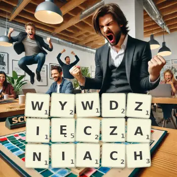 Kreatywna ilustracja do gry w Scrabble ze słowem WYWDZIĘCZANIACH ułożonym z płytek na planszy.