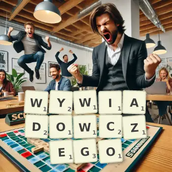 Kreatywna ilustracja do gry w Scrabble ze słowem WYWIADOWCZEGO ułożonym z płytek na planszy.