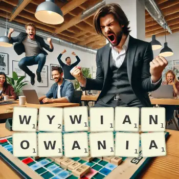 Kreatywna ilustracja do gry w Scrabble ze słowem WYWIANOWANIA ułożonym z płytek na planszy.