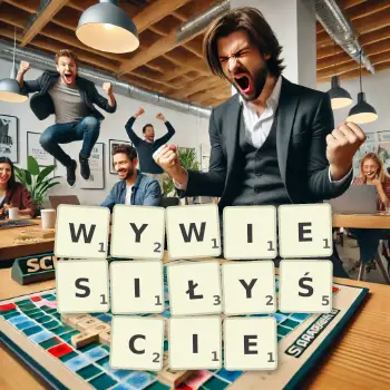 Kreatywna ilustracja do gry w Scrabble ze słowem WYWIESIŁYŚCIE ułożonym z płytek na planszy.