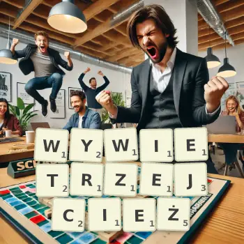 Kreatywna ilustracja do gry w Scrabble ze słowem WYWIETRZEJCIEŻ ułożonym z płytek na planszy.