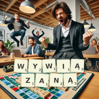 Kreatywna ilustracja do gry w Scrabble ze słowem WYWIĄZANĄ ułożonym z płytek na planszy.