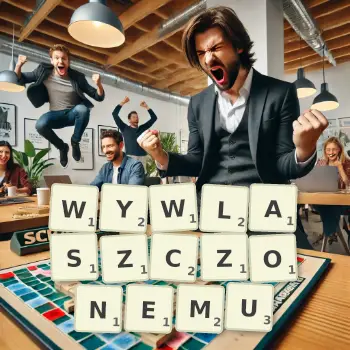 Kreatywna ilustracja do gry w Scrabble ze słowem WYWLASZCZONEMU ułożonym z płytek na planszy.