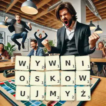 Kreatywna ilustracja do gry w Scrabble ze słowem WYWNIOSKOWUJMYŻ ułożonym z płytek na planszy.