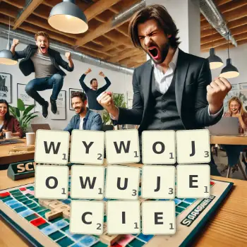 Kreatywna ilustracja do gry w Scrabble ze słowem WYWOJOWUJECIE ułożonym z płytek na planszy.