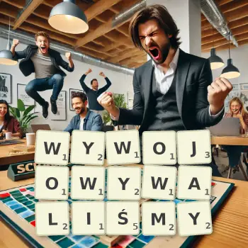 Kreatywna ilustracja do gry w Scrabble ze słowem WYWOJOWYWALIŚMY ułożonym z płytek na planszy.
