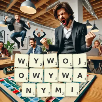 Kreatywna ilustracja do gry w Scrabble ze słowem WYWOJOWYWANYMI ułożonym z płytek na planszy.