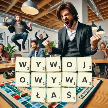 Kreatywna ilustracja do gry w Scrabble ze słowem WYWOJOWYWAŁAŚ ułożonym z płytek na planszy.