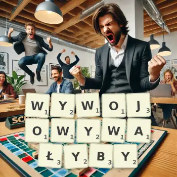 Kreatywna ilustracja do gry w Scrabble ze słowem WYWOJOWYWAŁYBY ułożonym z płytek na planszy.