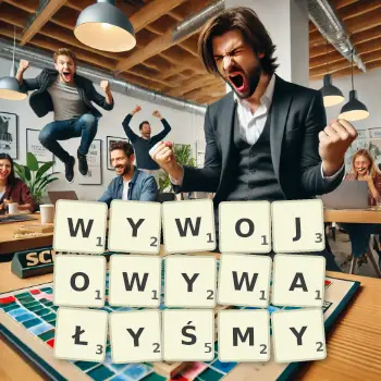 Kreatywna ilustracja do gry w Scrabble ze słowem WYWOJOWYWAŁYŚMY ułożonym z płytek na planszy.