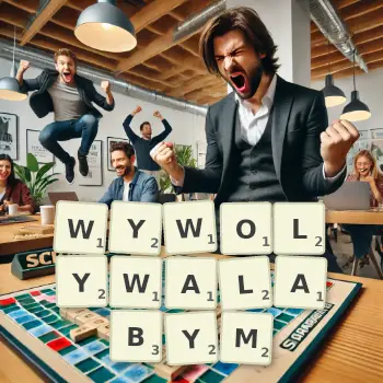 Kreatywna ilustracja do gry w Scrabble ze słowem WYWOLYWALABYM ułożonym z płytek na planszy.