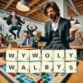 Kreatywna ilustracja do gry w Scrabble ze słowem WYWOLYWALBYS ułożonym z płytek na planszy.