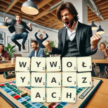 Kreatywna ilustracja do gry w Scrabble ze słowem WYWOŁYWACZACH ułożonym z płytek na planszy.