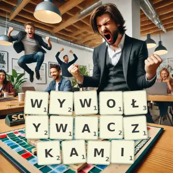 Kreatywna ilustracja do gry w Scrabble ze słowem WYWOŁYWACZKAMI ułożonym z płytek na planszy.